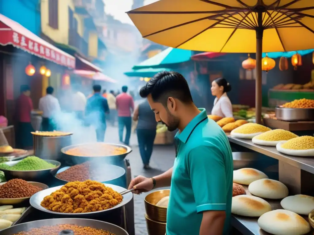 Un festín de comida callejera en América Latina: coloridos puestos rebosantes de delicias mientras los visitantes disfrutan de sabores únicos