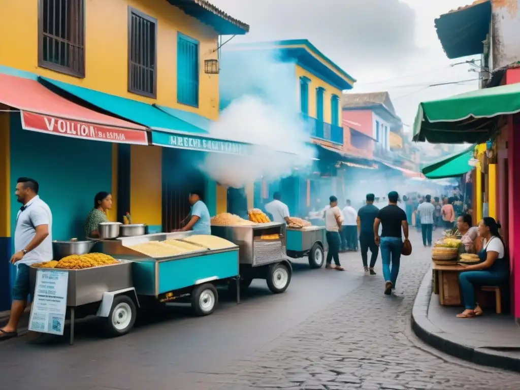 Un festín de comida callejera en una vibrante ciudad de América Latina, con coloridos puestos vendiendo tacos, arepas, empanadas y elotes, mientras la gente disfruta de sus comidas entre arquitectura colonial y arte callejero