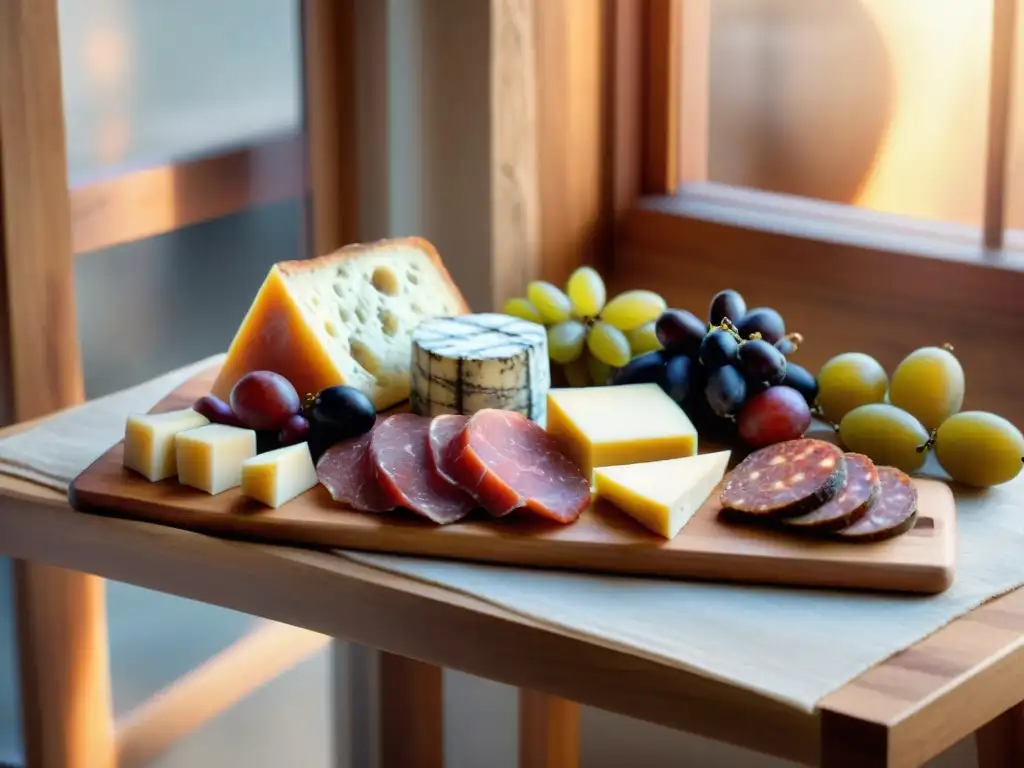 Un festín de embutidos artesanales gourmet tradicionales sobre una mesa rústica de madera bañada por luz natural