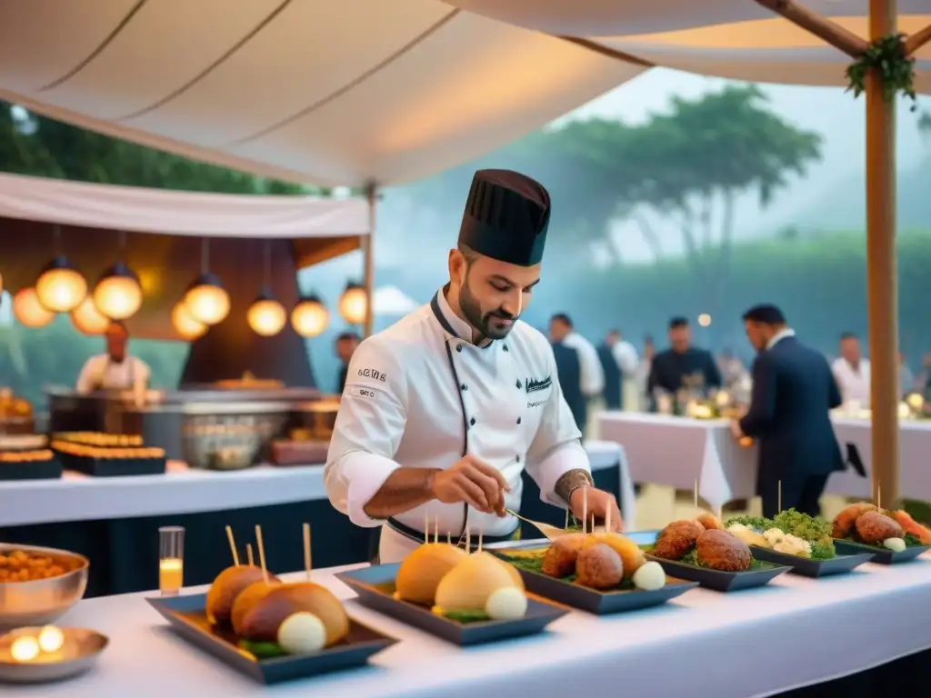 Un festín exclusivo en un festival internacional: chefs crean exquisitos platos en un ambiente sofisticado bajo luces brillantes