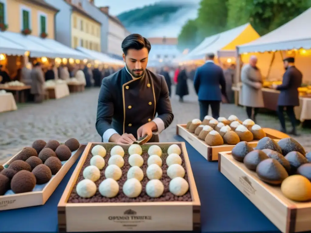 Un festín de exquisitez en ferias gourmet trufa exclusivas, con trufas negras y blancas, chefs y elegantes clientes