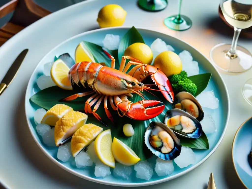 Un festín exquisito de mariscos exóticos gourmet en un elegante plato, con limón, hierbas frescas y vino blanco