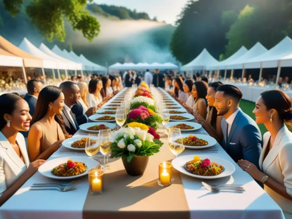 Un festín en un festival de alta cocina con gente diversa disfrutando platos gourmet al aire libre, chefs creando y una atmósfera lujosa y acogedora