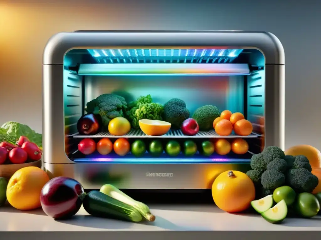 Un festín de frutas y verduras vibrantes sobre una máquina deshidratadora moderna