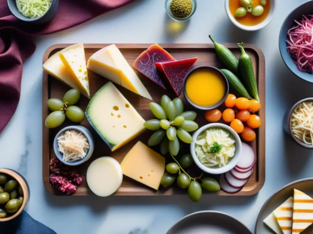 Un festín gourmet de alimentos fermentados beneficiosos para la salud, con una presentación colorida y artística