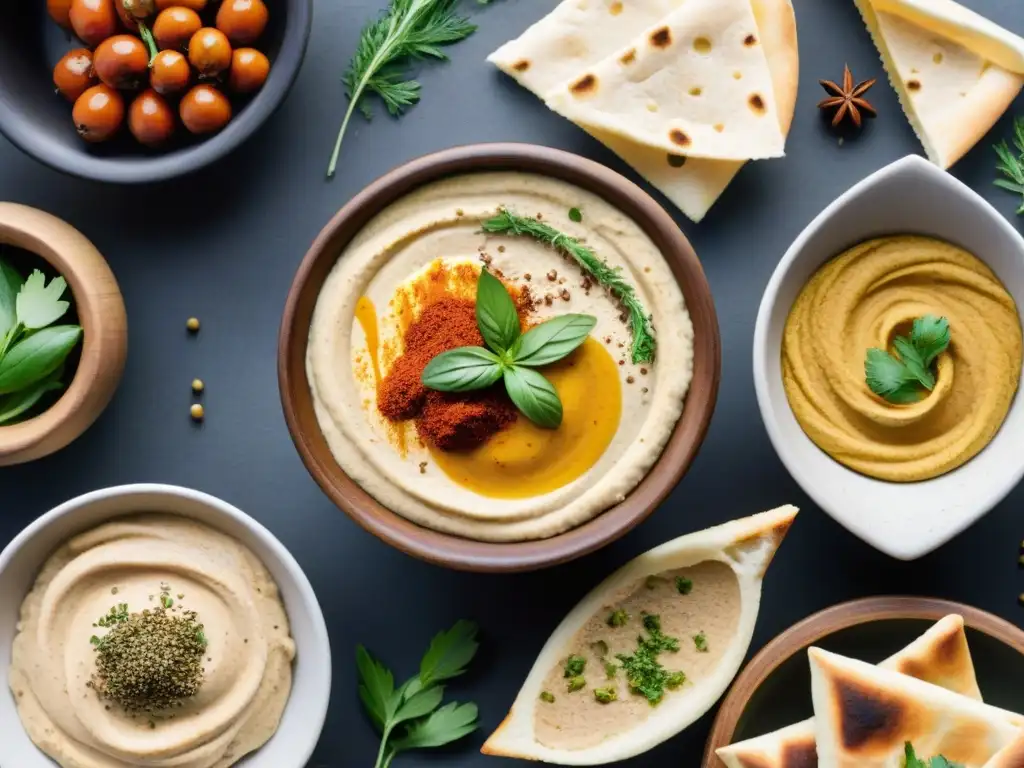 Un festín gourmet de Hummus rodeado de ingredientes exóticos y coloridas hierbas