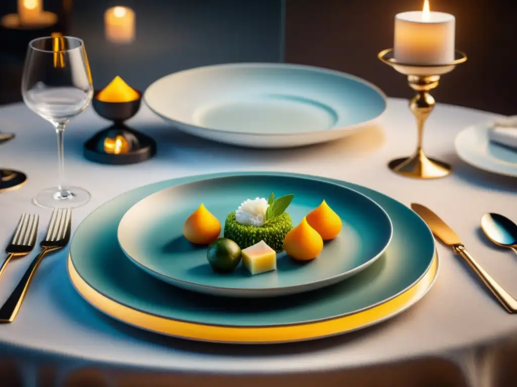 Exquisita mesa de lujo: gourmet, elegancia y sofisticación Un festín gourmet en una mesa elegante, bañada en cálida luz de velas
