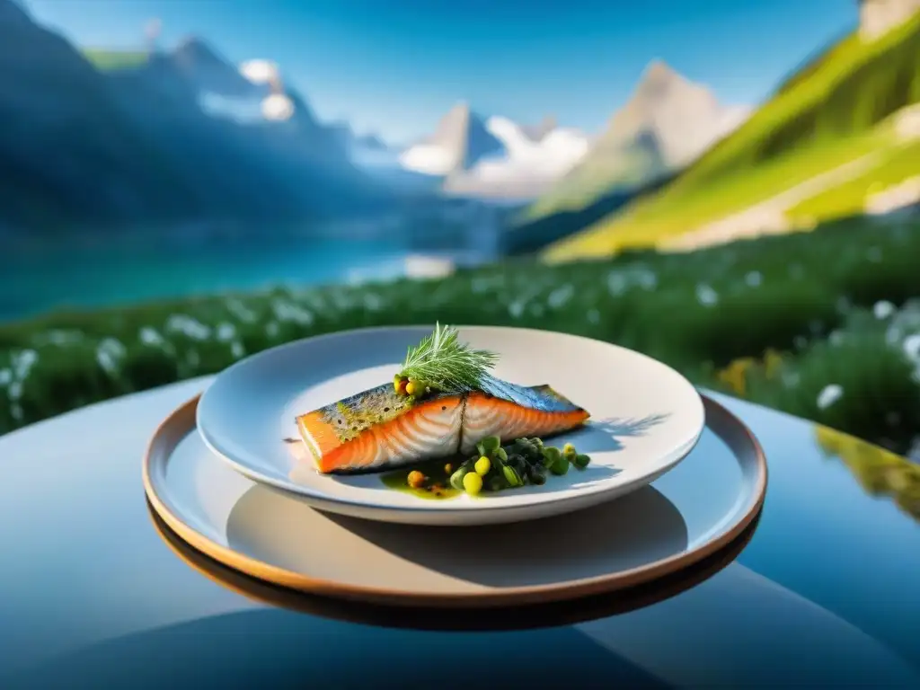 Trucha alpina gourmet en lago de montaña Un festín gourmet de Trucha alpina en un paisaje alpino impresionante