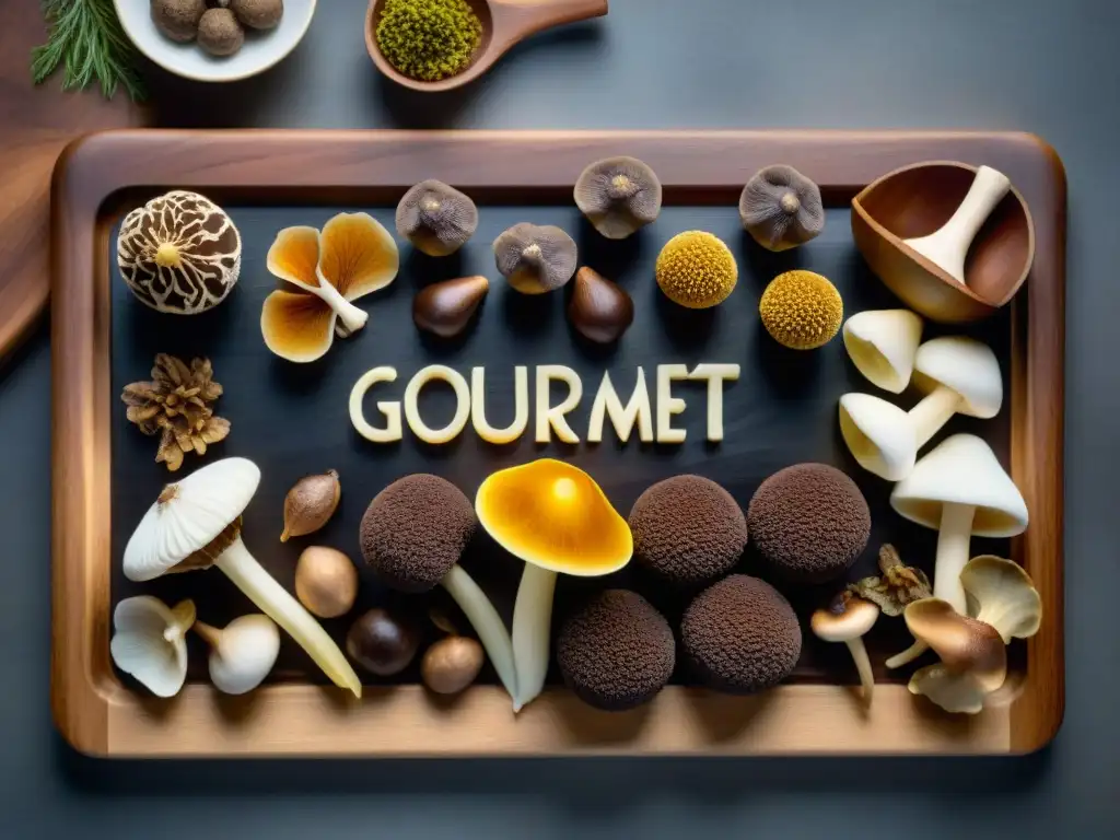 Un festín gourmet: trufas y setas exóticas en tabla de madera