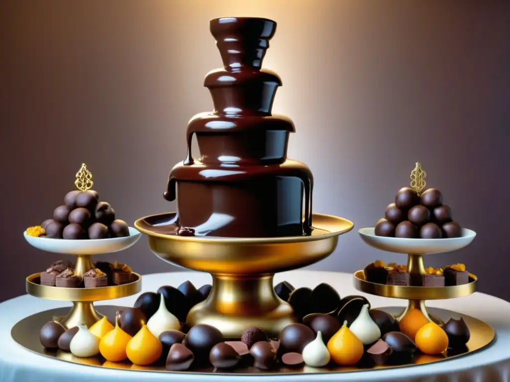 Un festín de lujo con una fuente de chocolate rebosante de indulgencia, rodeada de postres decadentes