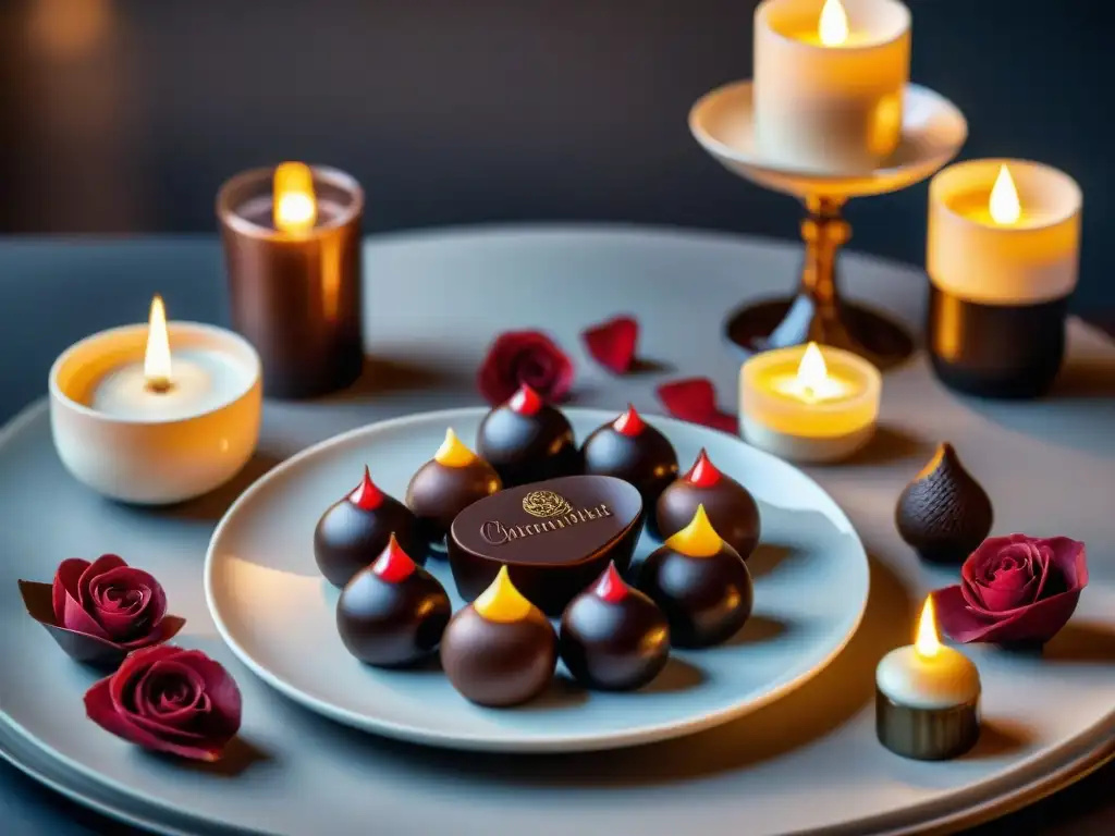 Un festín de lujo y romance con chocolate artesanal en una mesa elegante, adornada con detalles refinados