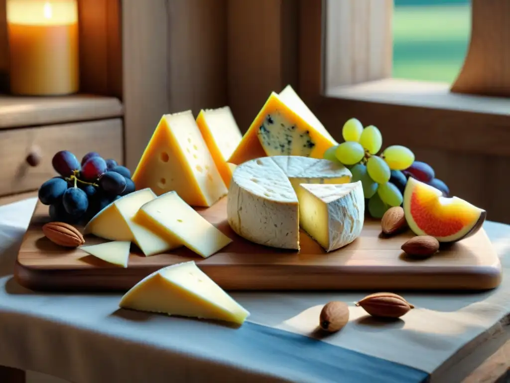 Un festín de maestros queseros artesanales deliciosos en una tabla de madera rústica, con frutas frescas y una granja de fondo