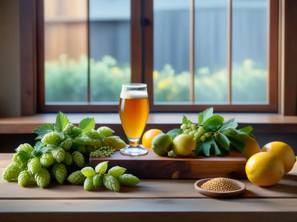 Un festín de maridajes cervezas ingredientes frescos locales en una mesa rústica iluminada por la luz natural