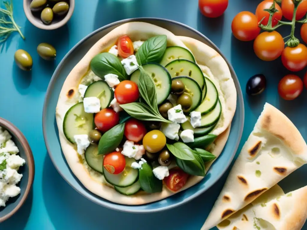 Un festín mediterráneo con Pan de Pita receta fácil, ingredientes frescos y coloridos bajo la luz suave del sol