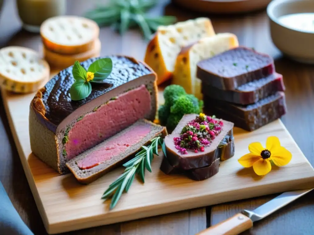 Un festín de pâtés y terrinas gourmet en una tabla rústica de madera