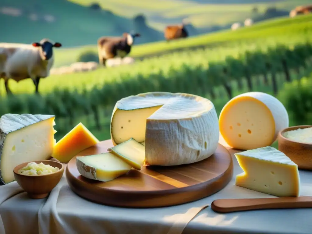 Delicias italianas: mesa de quesos artesanales en paisaje campestre Un festín de quesos artesanales italianos en un paisaje campestre