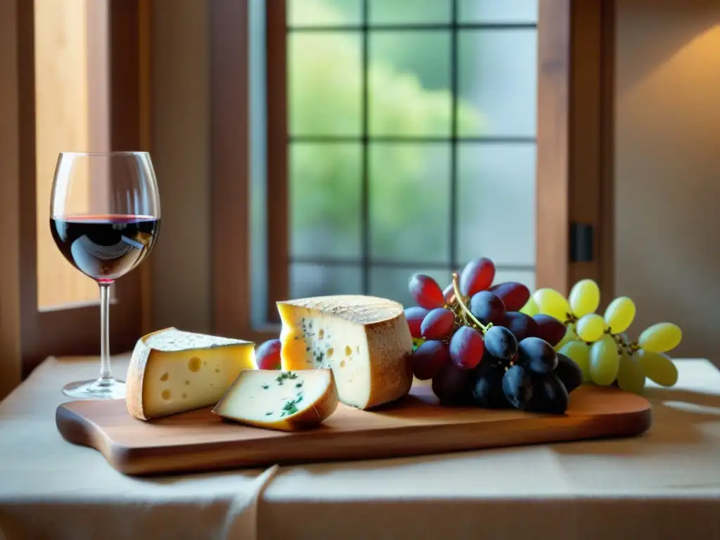 Un festín de quesos artesanales, uvas y vino tinto en una mesa rústica iluminada por la cálida luz de la tarde