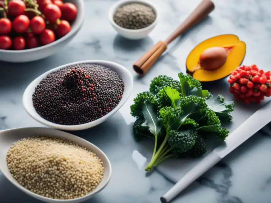 Un festín de superfoods gourmet para una piel radiante: bayas de acai, goji, semillas de chía, kale y quinua en un elegante mostrador de mármol