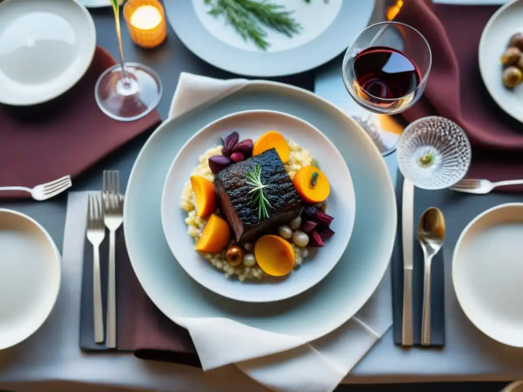 Un festín de temporada gourmet con maridajes exquisitos en una mesa elegantemente decorada