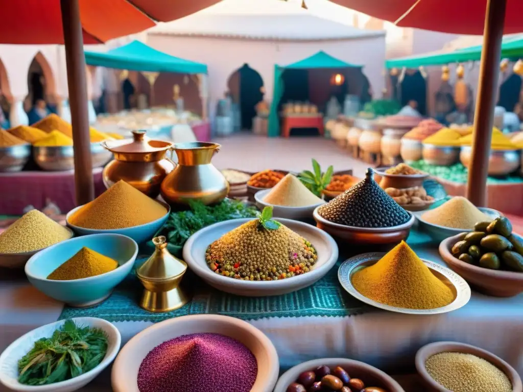 Un festín tradicional marroquí en vibrante mesa de mosaico, rodeado de platos típicos Marruecos gourmet