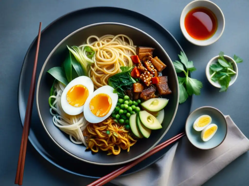 Un festín de Variedades asiáticas de fideos gourmet en un elegante plato negro, mostrando la diversidad y riqueza culinaria