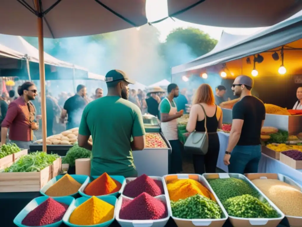 Un festín vegano gourmet en un colorido festival de comida, con platos exquisitos y una multitud animada