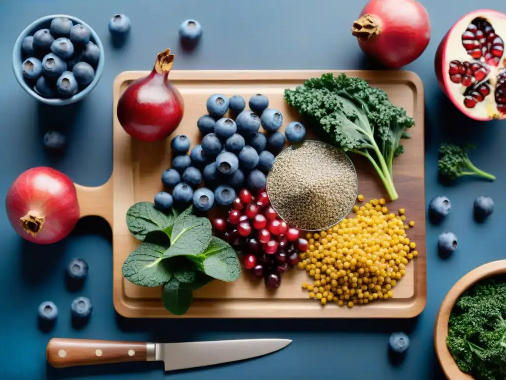 Un festín vibrante de superfoods frescos y coloridos sobre tabla de cortar de madera