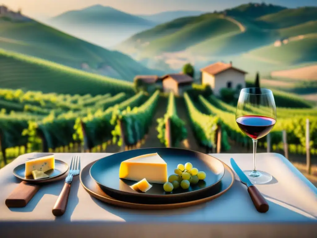 Delicias piemontesas: mesa de madera con platos y vinos icónicos Un festín en viñedos del Piamonte: platos tradicionales y vinos exquisitos bajo el sol italiano