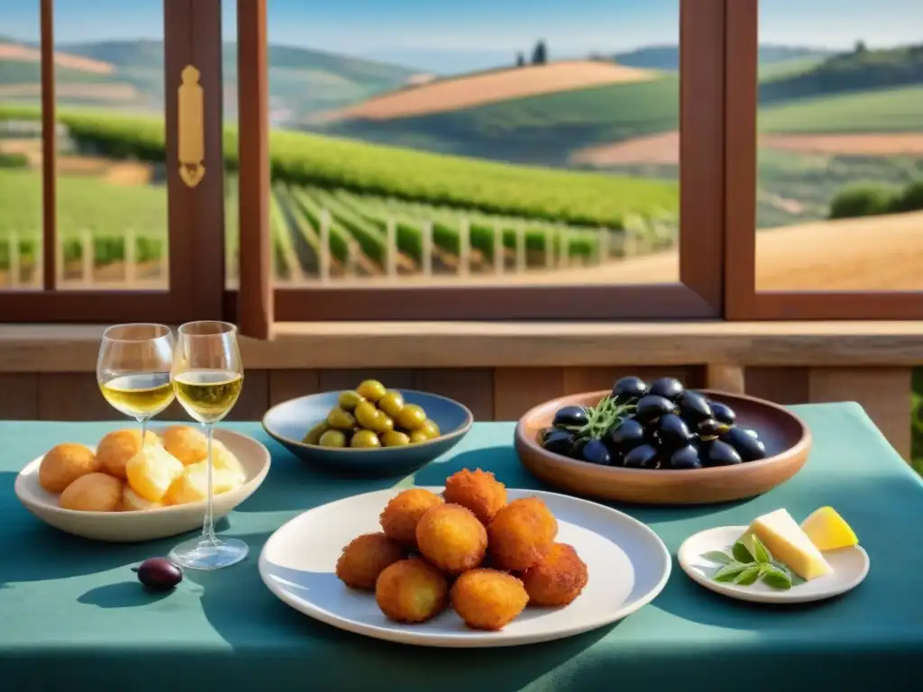 Un festín de vinos y tapas tradicionales portuguesas en una mesa rústica con paisaje campestre al fondo