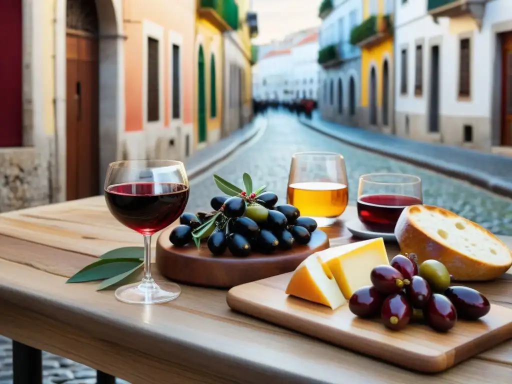 Un festín de vinos y tapas tradicionales portuguesas en una mesa rústica, bajo la luz suave de Lisboa