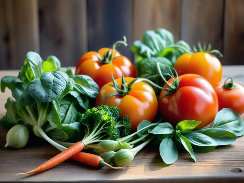 Un festín visual de alimentos kilómetro cero gourmet: tomates maduros, lechuga fresca, albahaca aromática y zanahorias terrosas sobre una mesa rústica