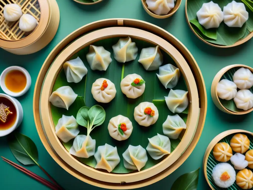 Un festín visual de dim sum chino: vaporosas cestas de bambú con diversos manjares coloridos y delicados