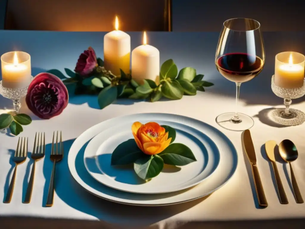 Un festín visual detallado de una elegante mesa de cena iluminada por velas, perfecta para explorar el arte del maridaje cena gourmet