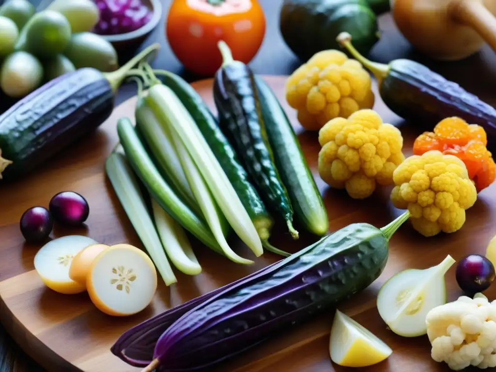 Un festín visual de encurtidos para potenciar sentidos: variedad de vegetales y frutas en una tabla de madera rústica