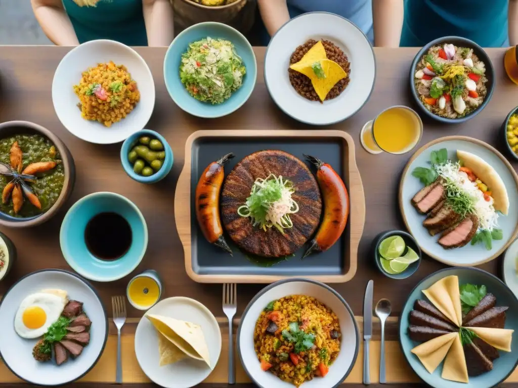 Un festín visual de maridaje cervezas comidas típicas regional en una mesa rústica con platos coloridos y cervezas artesanales