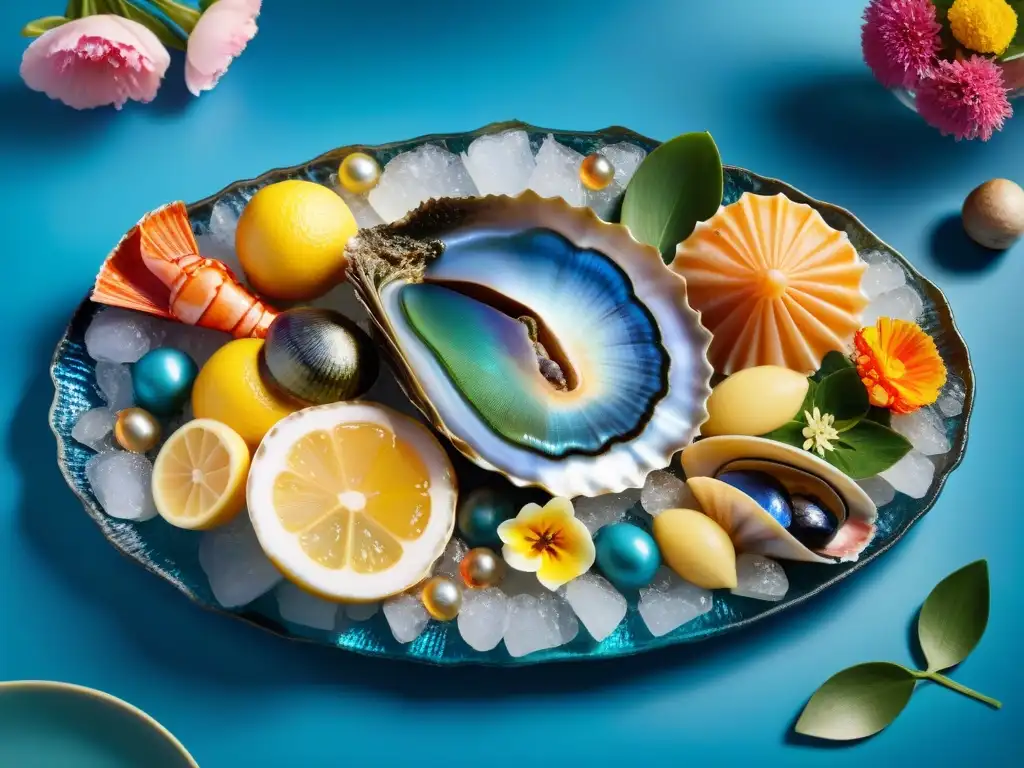 Un festín visual de mariscos exóticos gourmet: abulón, vieiras gigantes y langosta azul sobre hielo con limón y flores comestibles