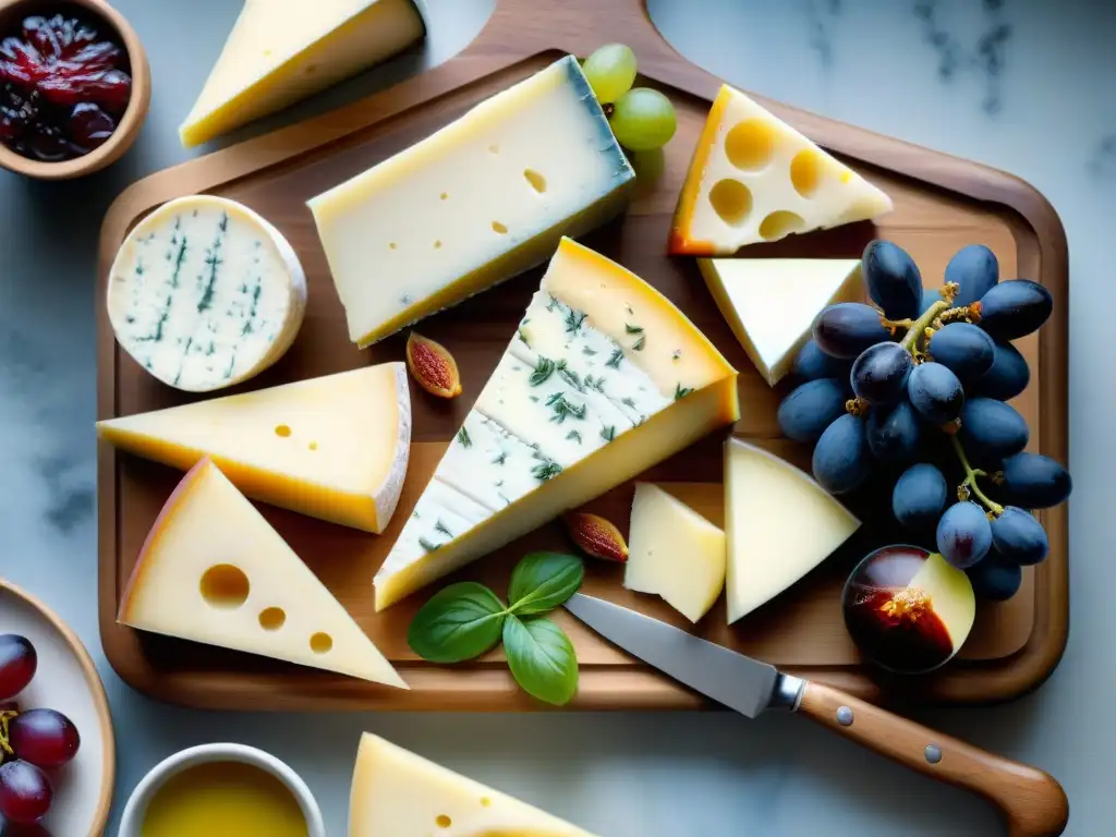 Un festín visual de quesos europeos para cocinar en una tabla de madera, con uvas, higos y miel, cautivando los sentidos