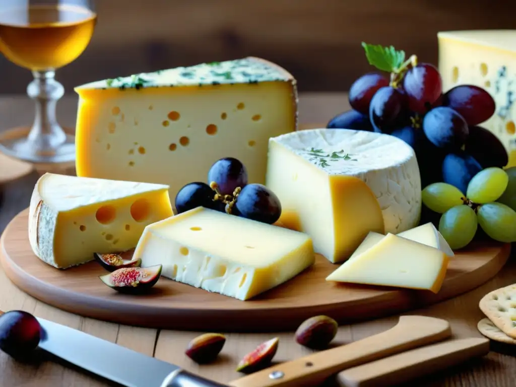 Tablero de quesos gourmet: selección europea exquisita Un festín visual de quesos gourmet europeos en tabla de madera