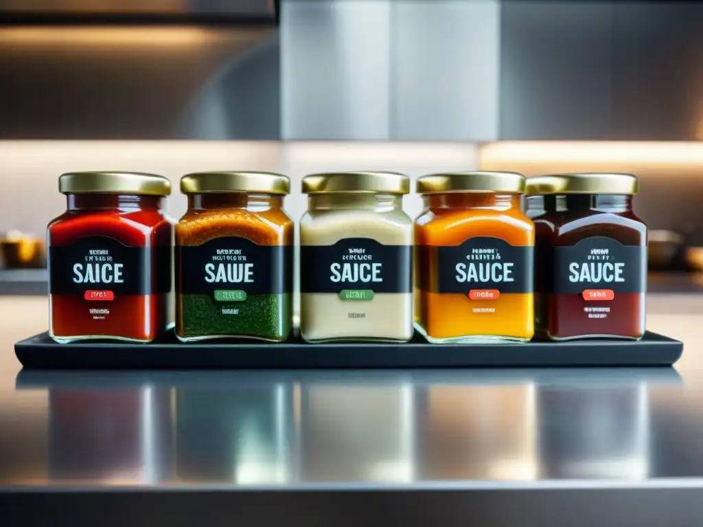 Un festín visual de sabores internacionales: salsas y aderezos gourmet en elegantes envases de vidrio en una cocina moderna