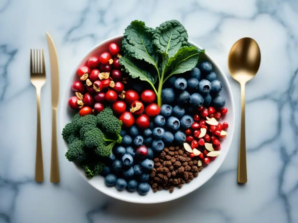 Un festín visual de superfoods antioxidantes para dieta gourmet: bayas, kale, granada y chocolate negro en un plato de mármol elegante y moderno