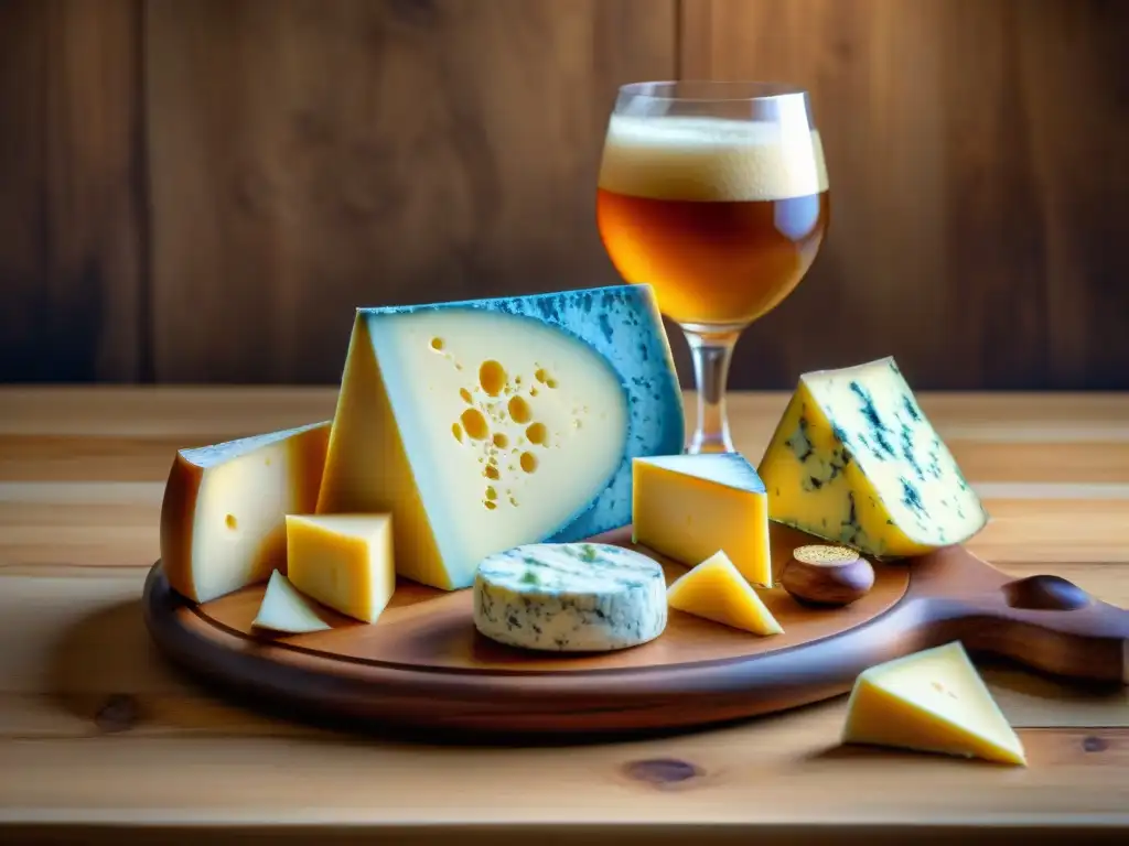 Un festín visual: tabla de quesos con Gouda, Roquefort y Manchego, maridados con cervezas de abadía en copas ornamentadas