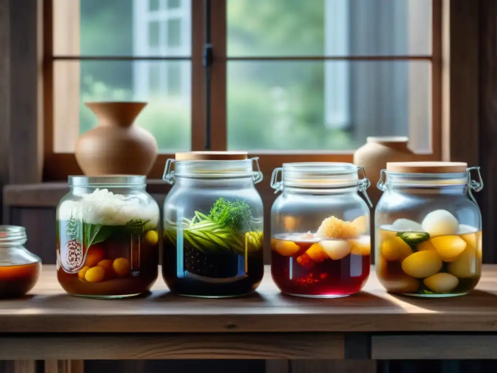 Un festín visual de tarros de fermentación en la cocina moderna, con kimchi, chucrut, kombucha y pan de masa madre en proceso