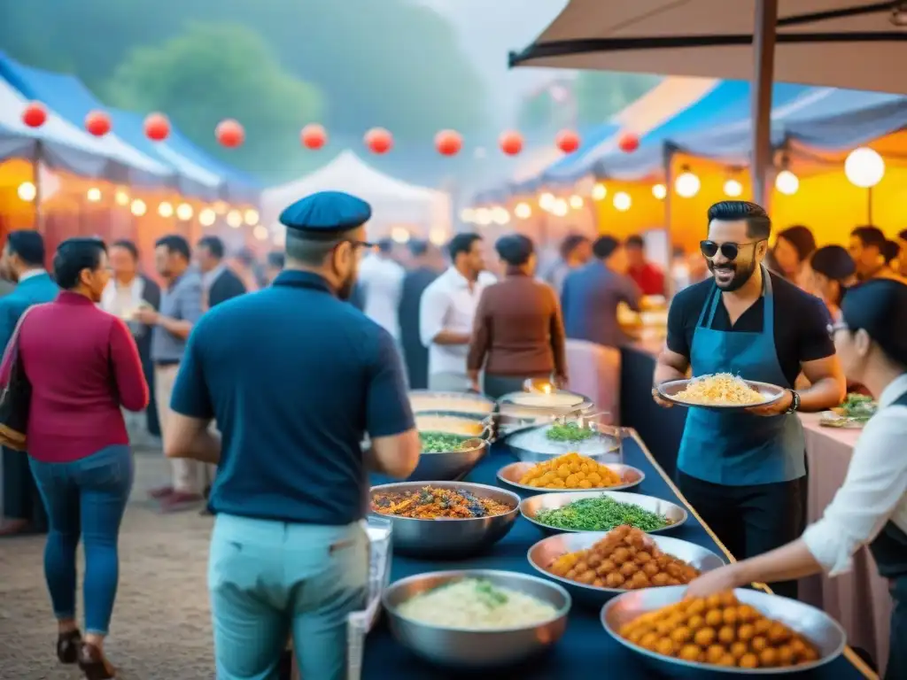 Festival de alta cocina gourmet: escena vibrante con diversidad de personas disfrutando de deliciosos platillos en puestos de comida, rodeados de decoraciones coloridas y luces brillantes