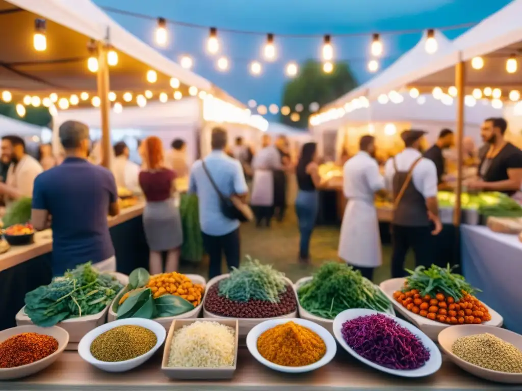 Un festival animado con comida vegana gourmet y una variedad de personas disfrutando platos coloridos