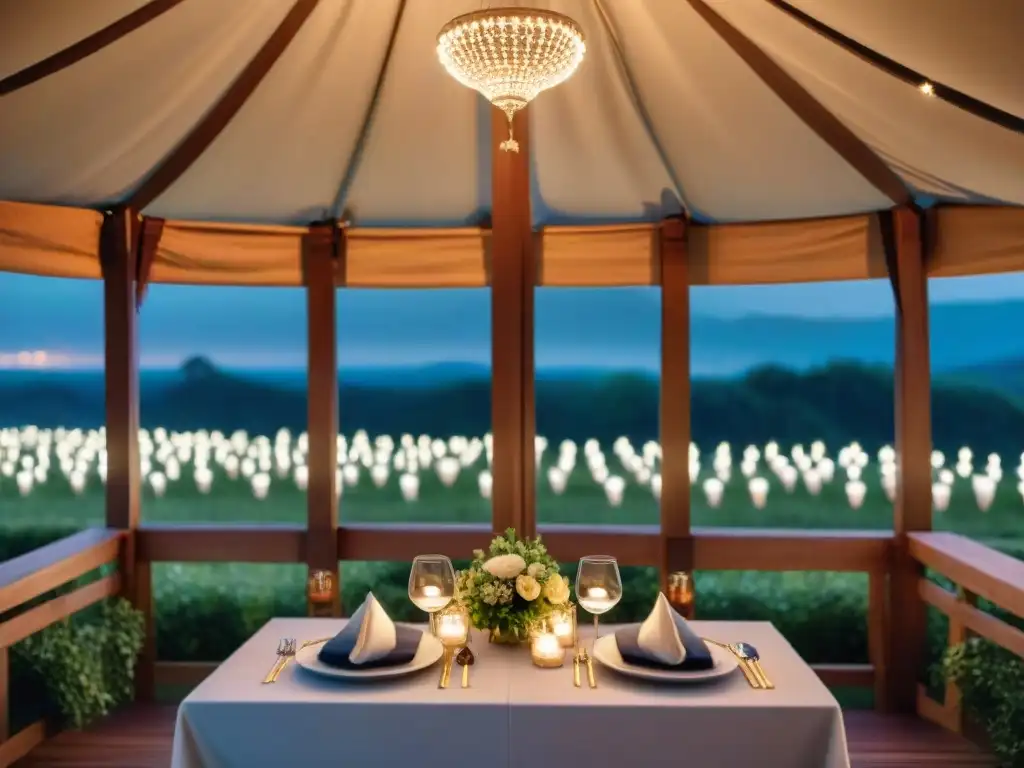 Un festival de comida al aire libre romántico bajo un cielo estrellado, mesas elegantes con luces parpadeantes y arreglos florales