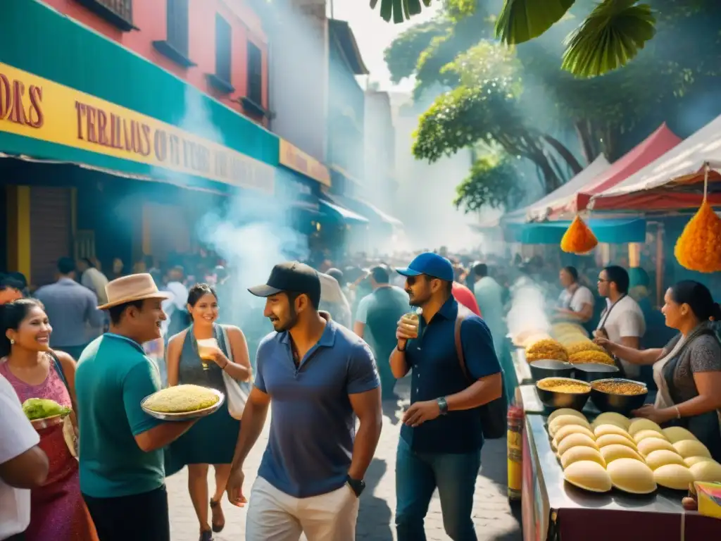 Festival de comida callejera en América Latina: puestos coloridos, arepas humeantes, tacos y empanadas fragantes, multitud feliz y música tradicional