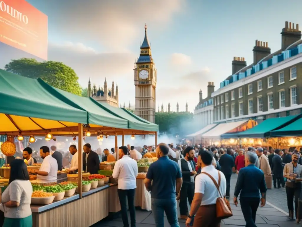 Un festival de comida gourmet del mundo en Londres, con chefs preparando delicias internacionales y visitantes disfrutando de la diversidad culinaria