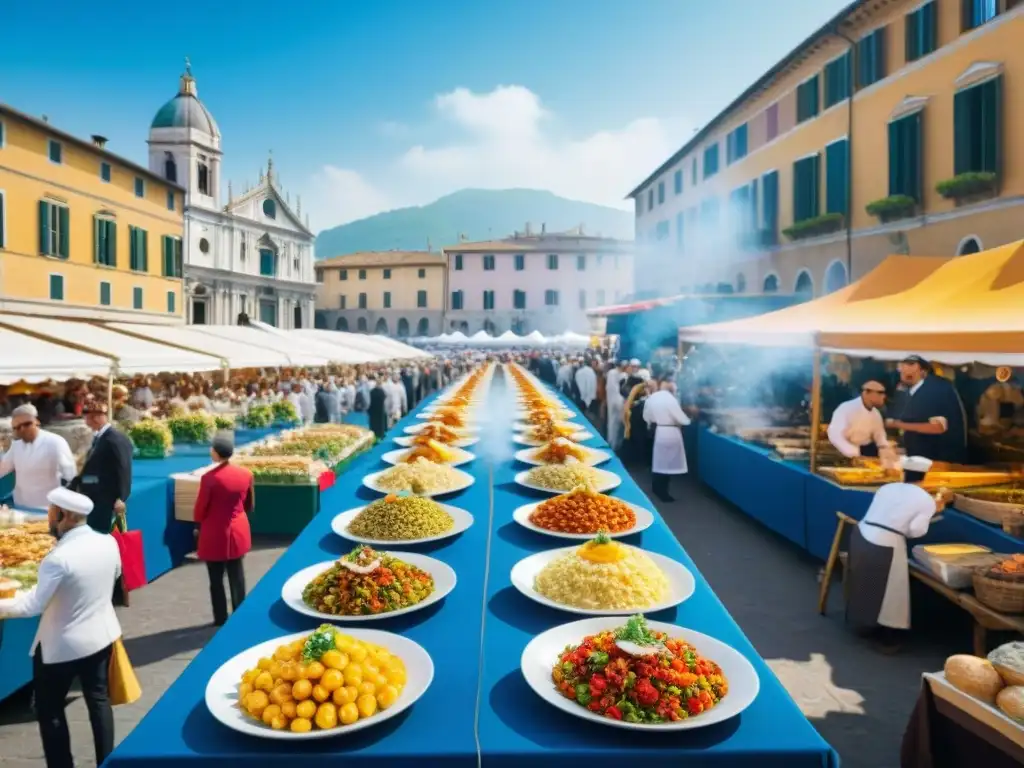 Un festival de comida gourmet en Italia con puestos de chefs preparando platos, gente probando exquisiteces y arquitectura histórica al fondo