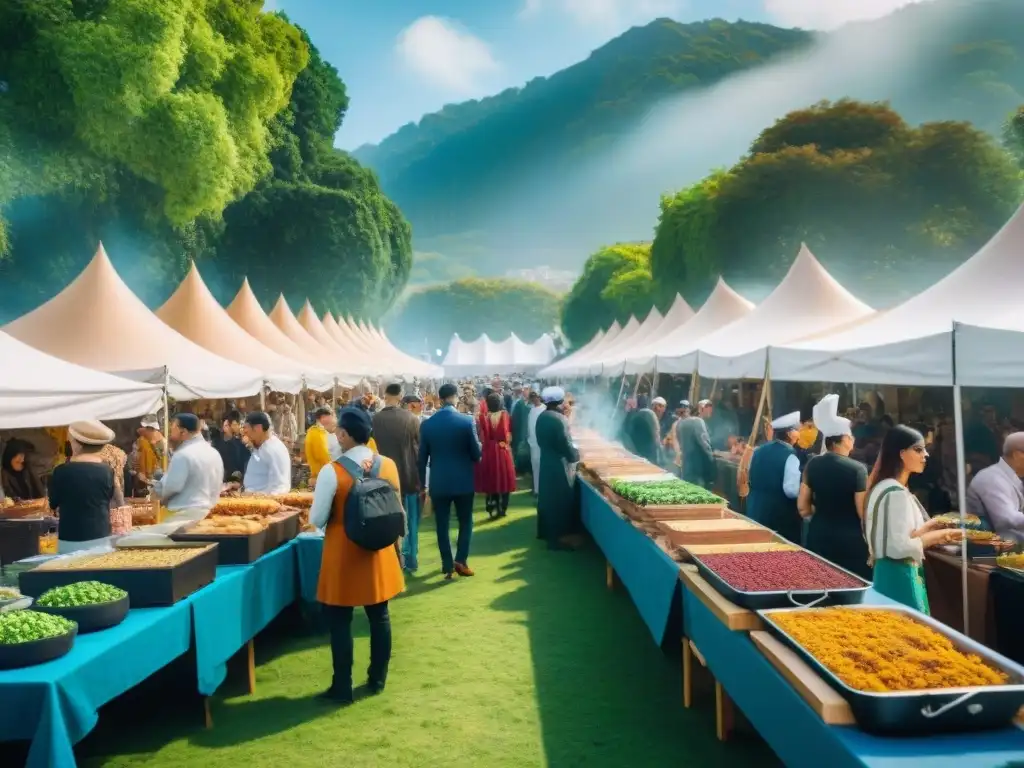 Festival de comida vegana gourmet: Puestos coloridos, platos elaborados y multitudes disfrutando en un ambiente fresco y soleado