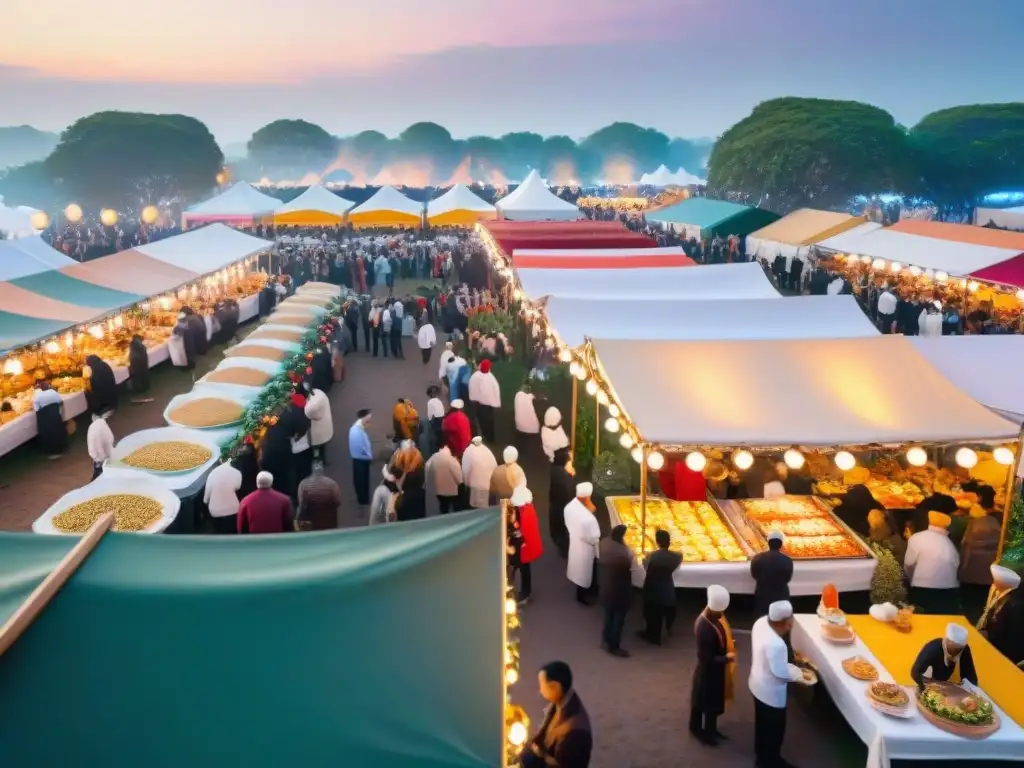 Un festival de comida vibrante y bullicioso desde arriba, con puestos de colores y chefs preparando delicias gourmet